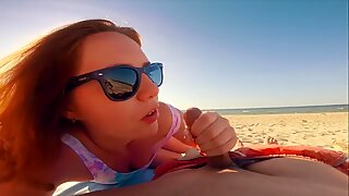 jism on my Nose & Sun Glasses! Risky Amateur Redhead Public Beach fast blowage
